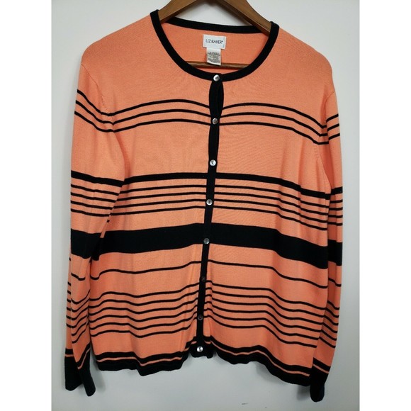 Liz Baker Orange & Black Striped L-Sleeve Button Front Cardigan Sweater SZ XL - Picture 1 of 6